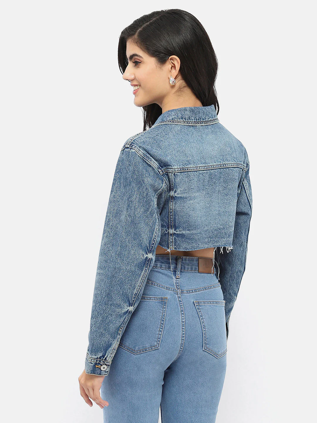Madame Distressed Hem Blue Crop Denim Jacket - Image 3