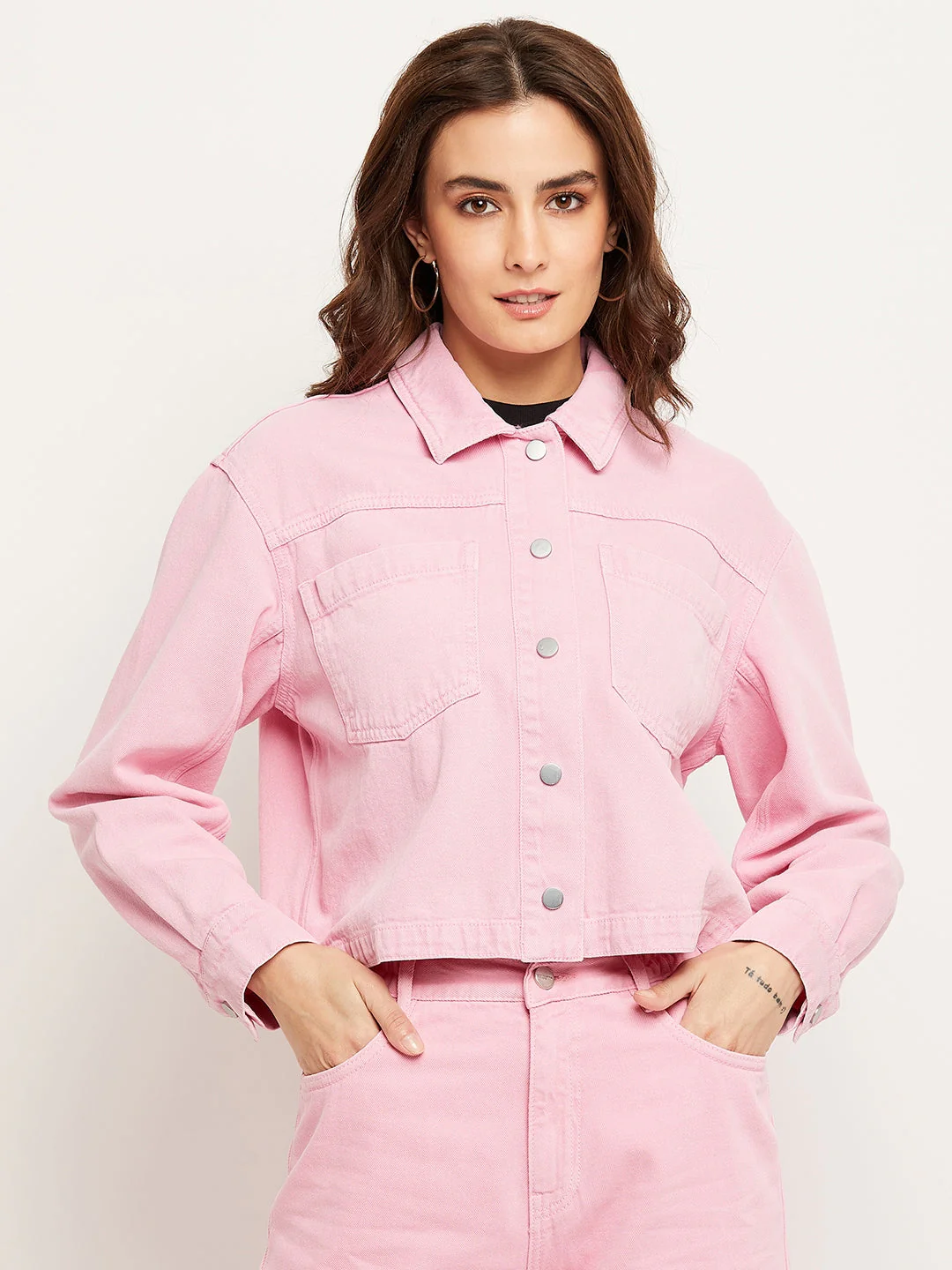 Madame Solid Pink Denim Jacket - Image 3