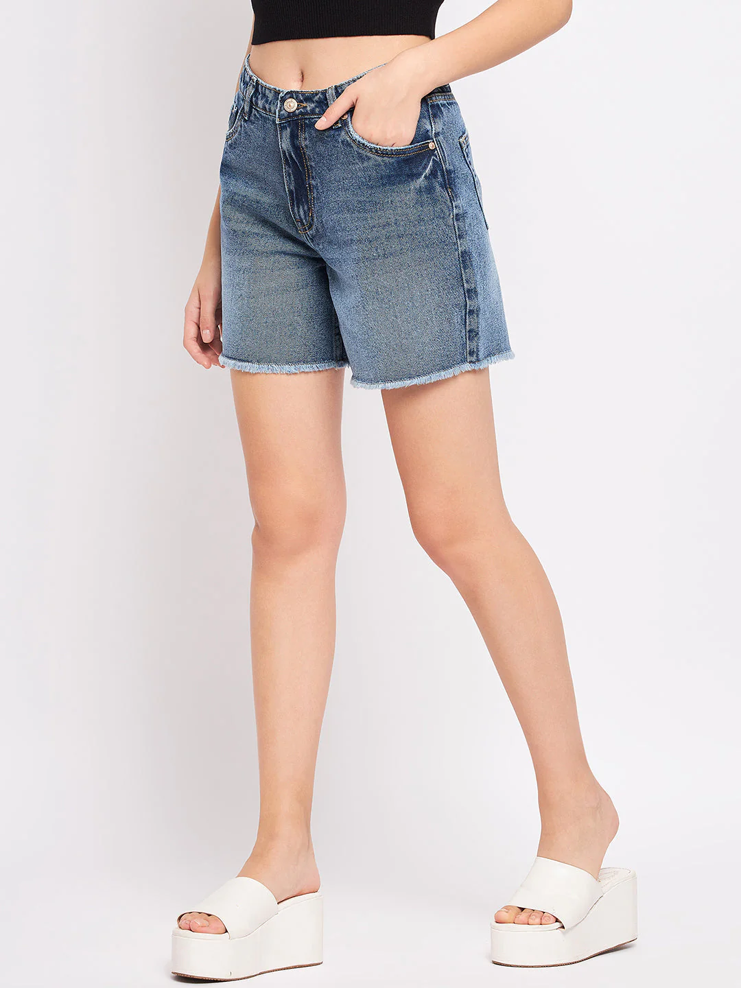 Madame Blue Mid Rise Denim Shorts - Image 3