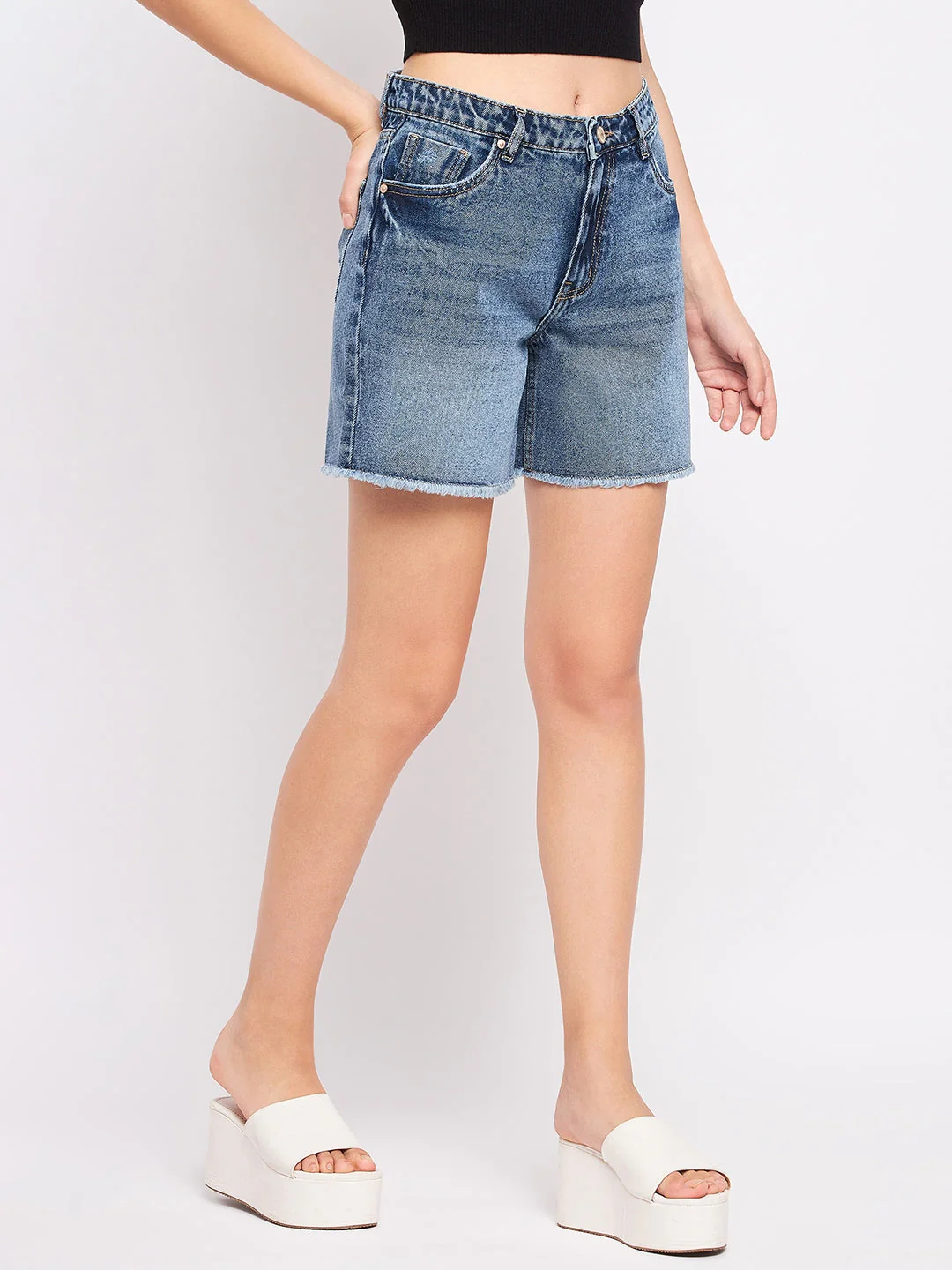 Madame Blue Mid Rise Denim Shorts - Image 4