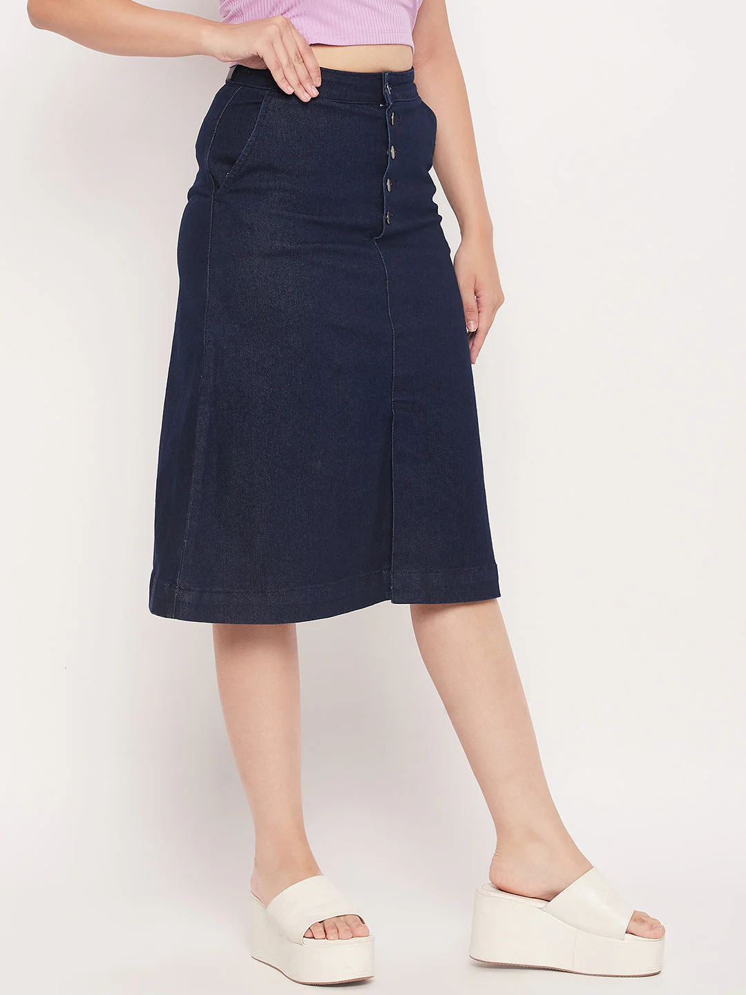 Madame Navy Front Slit A-Line Denim Skirt - Image 3