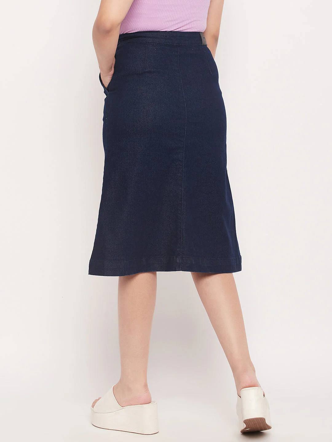 Madame Navy Front Slit A-Line Denim Skirt - Image 4