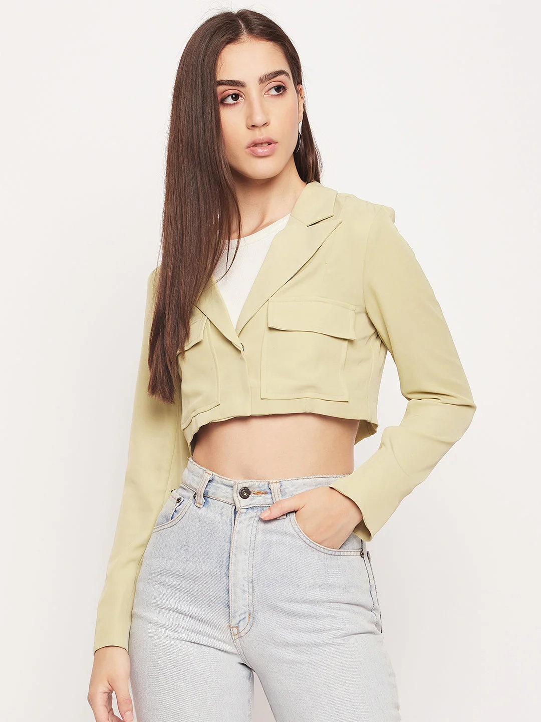 Madame Lapel Collar Lime Green Crop Blazer - Image 3