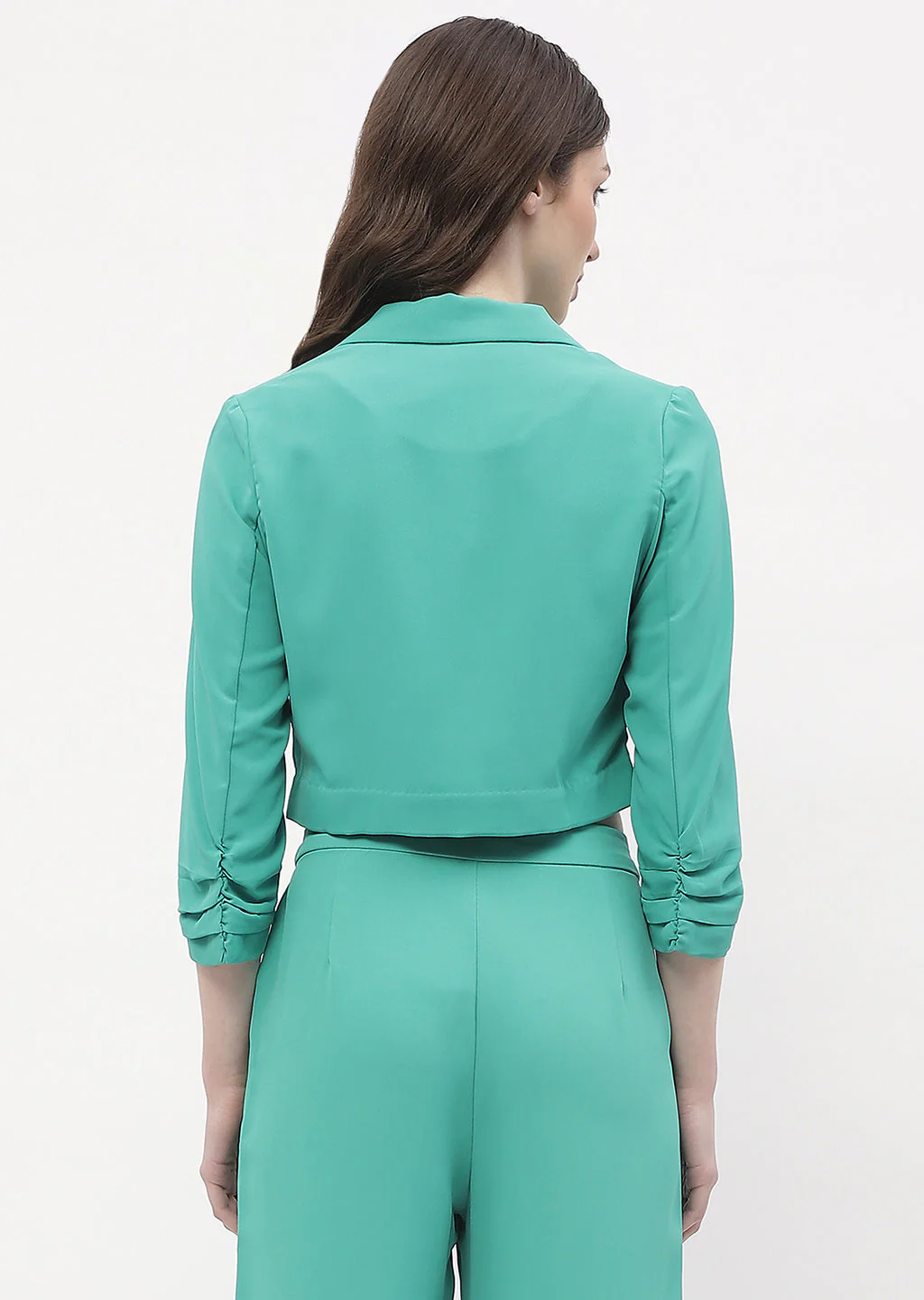 Madame Ruched Sleeve Green Lapel Collar Crop Blazer - Image 3