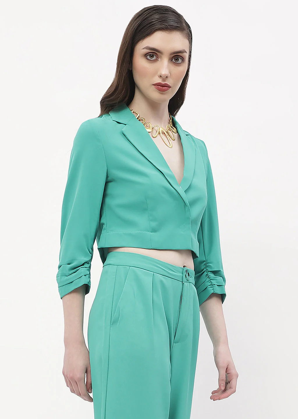 Madame Ruched Sleeve Green Lapel Collar Crop Blazer - Image 5
