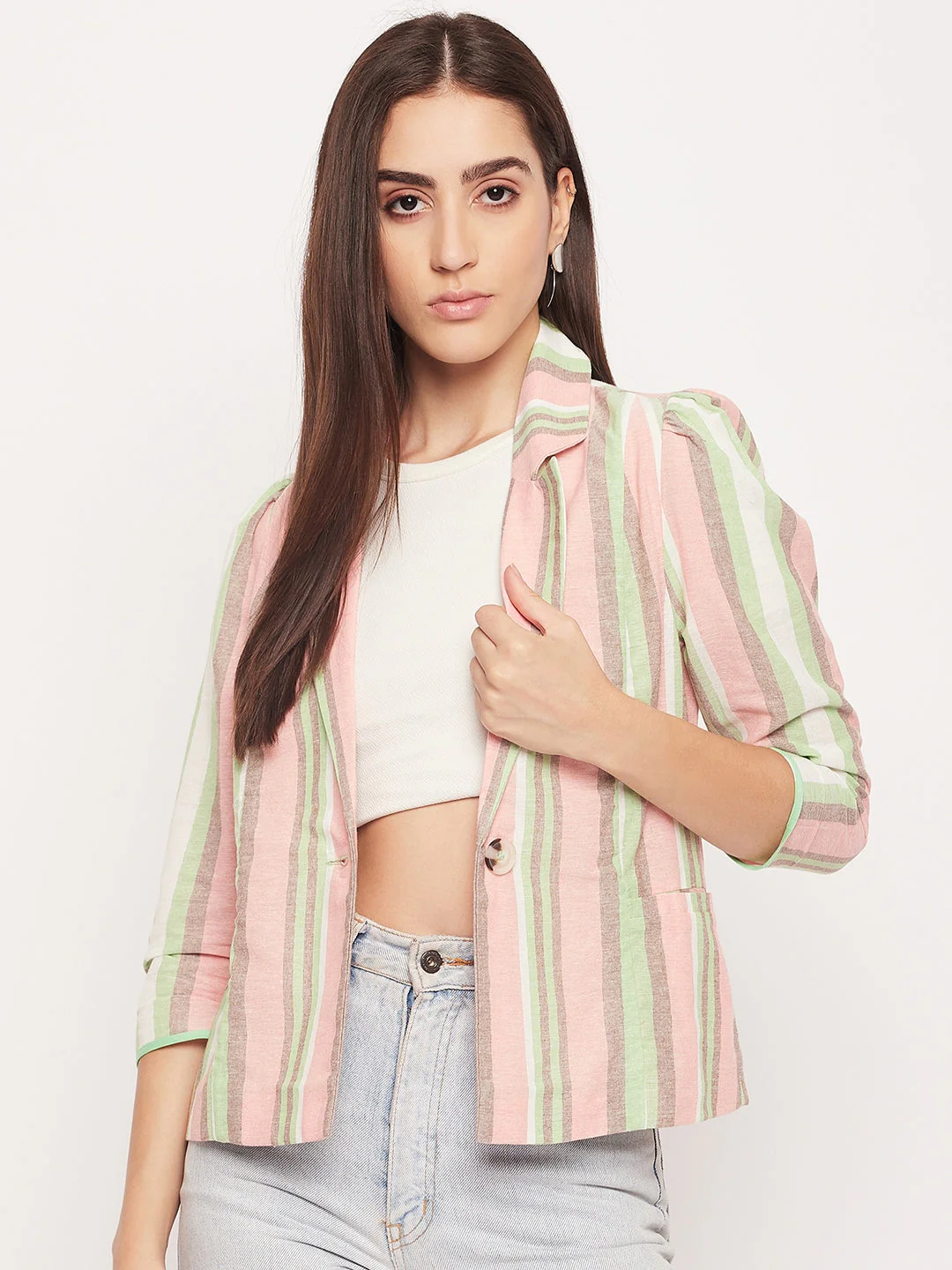 Madame Striped Peach Lapel Collar Blazer - Image 3