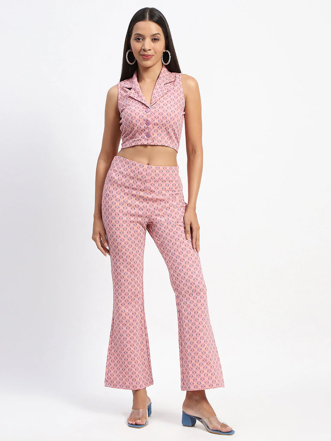 Madame Geometric Print Lapel Notch Peach Co-Ord Set - Image 3