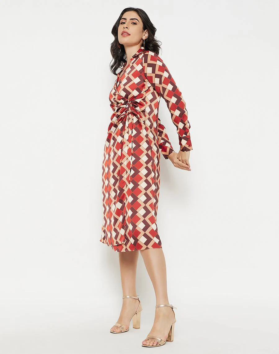 Madame Geometric Print Side Ruched Rosewood Midi Dress - Image 3