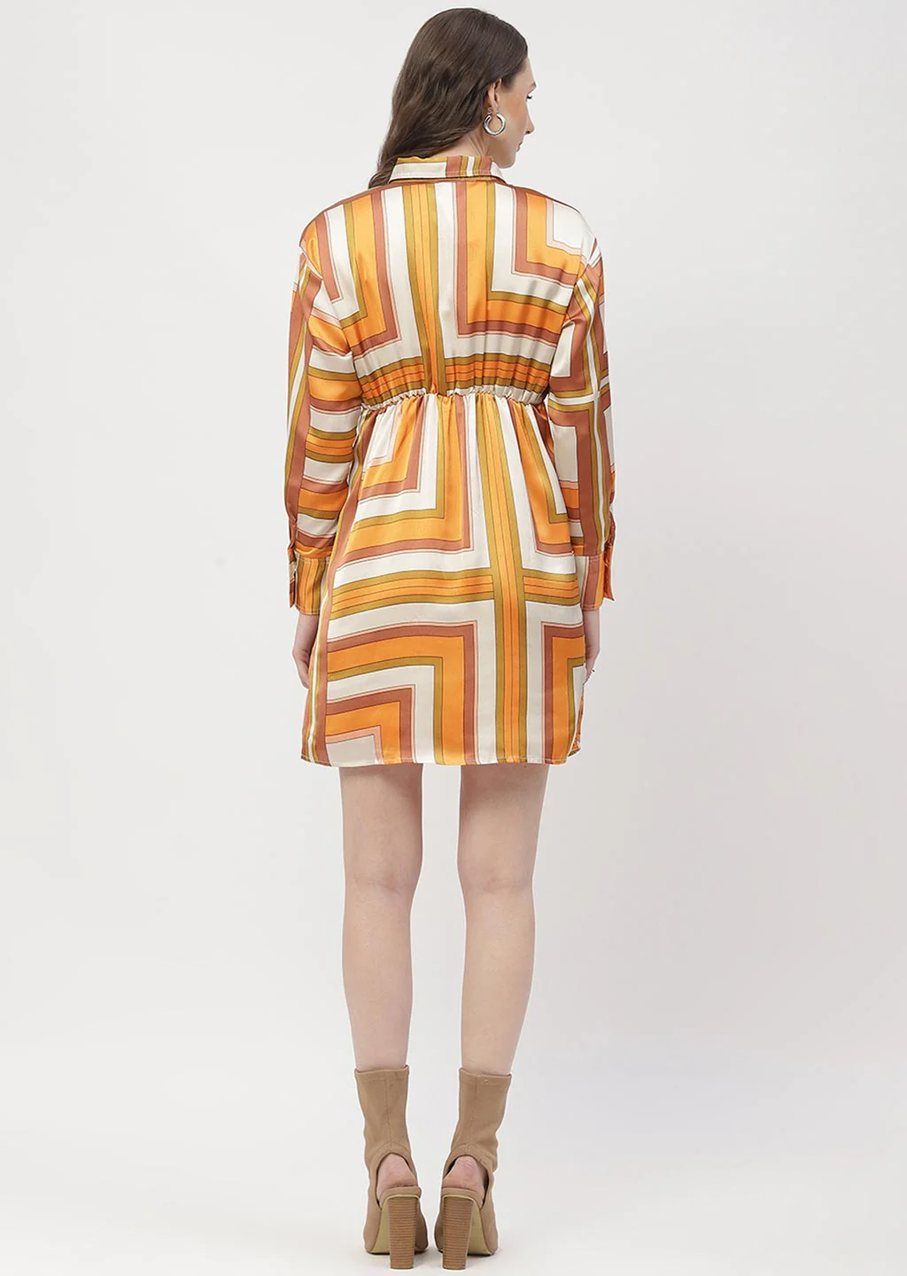 Madame Geometric Print Button Down Orange Mini Shirt Dress - Image 3