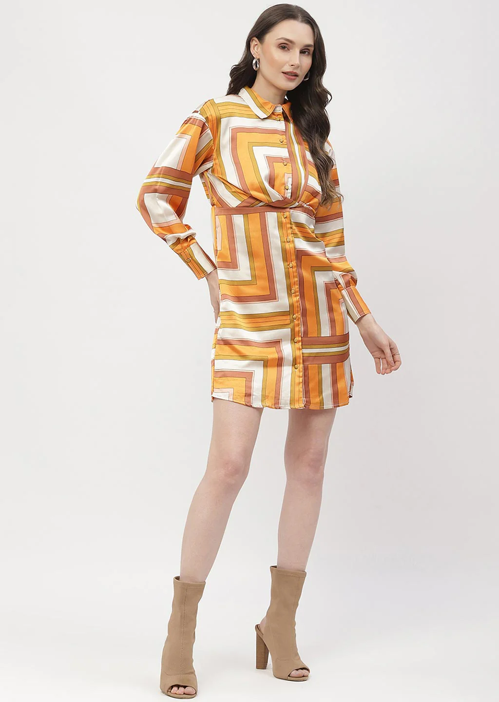 Madame Geometric Print Button Down Orange Mini Shirt Dress - Image 5