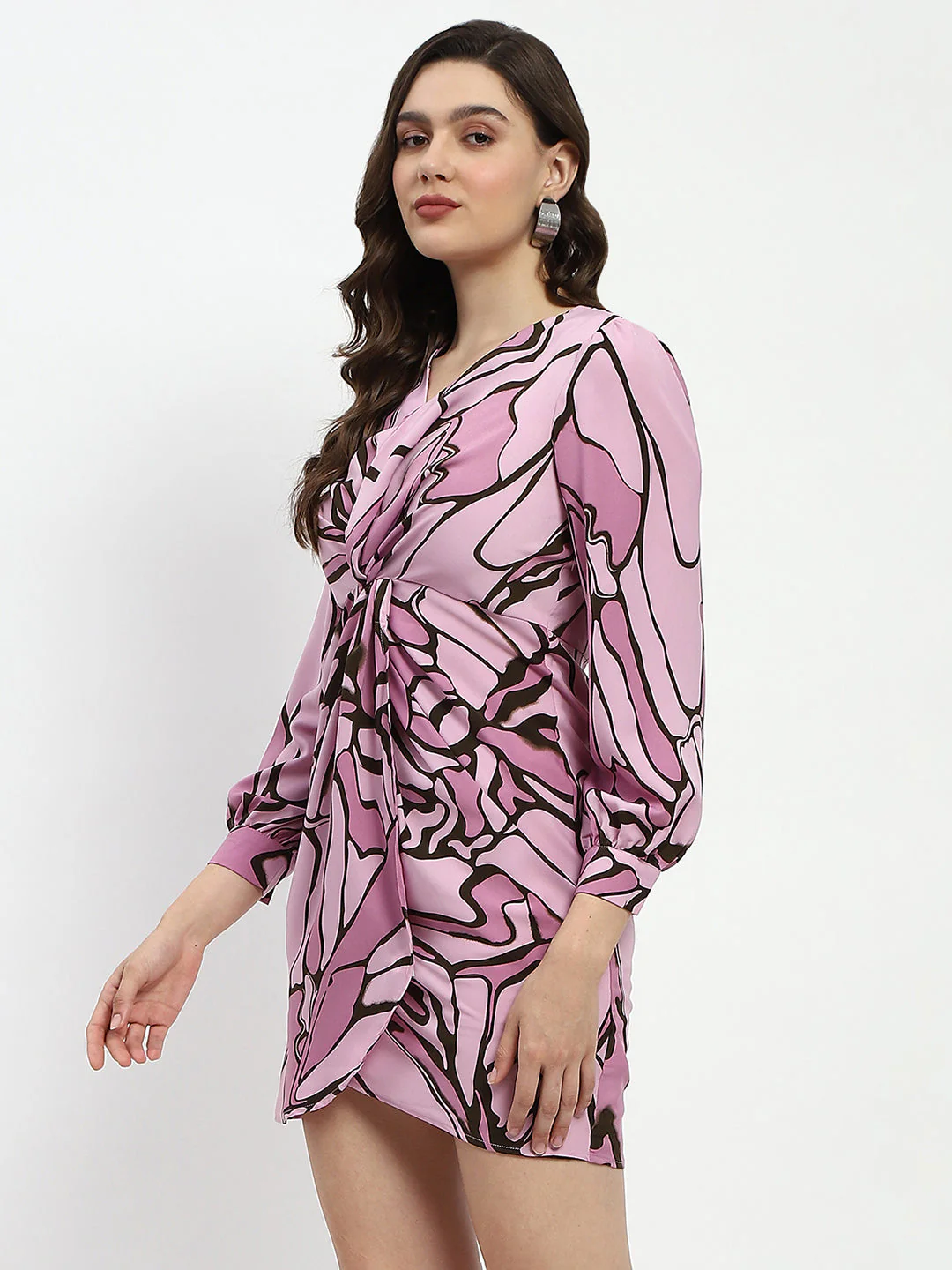 Madame Butterfly Print Wrap Style Surplice Neck Mauve Mini Dress - Image 5