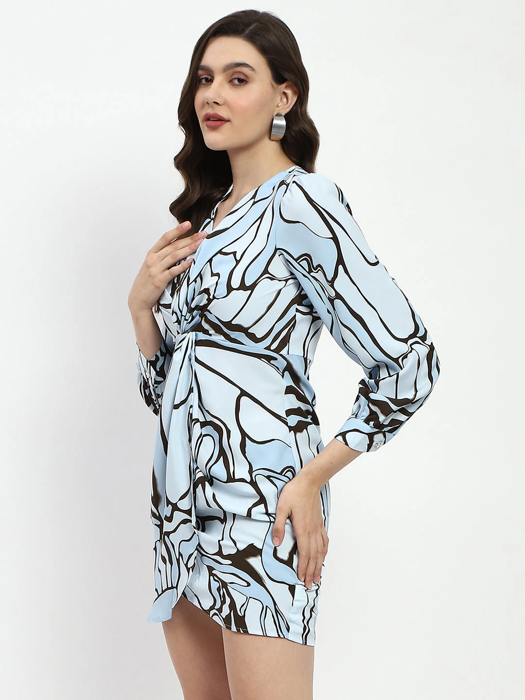 Madame Butterfly Print Wrap Style Surplice Neck Sky Blue Mini Dress - Image 4
