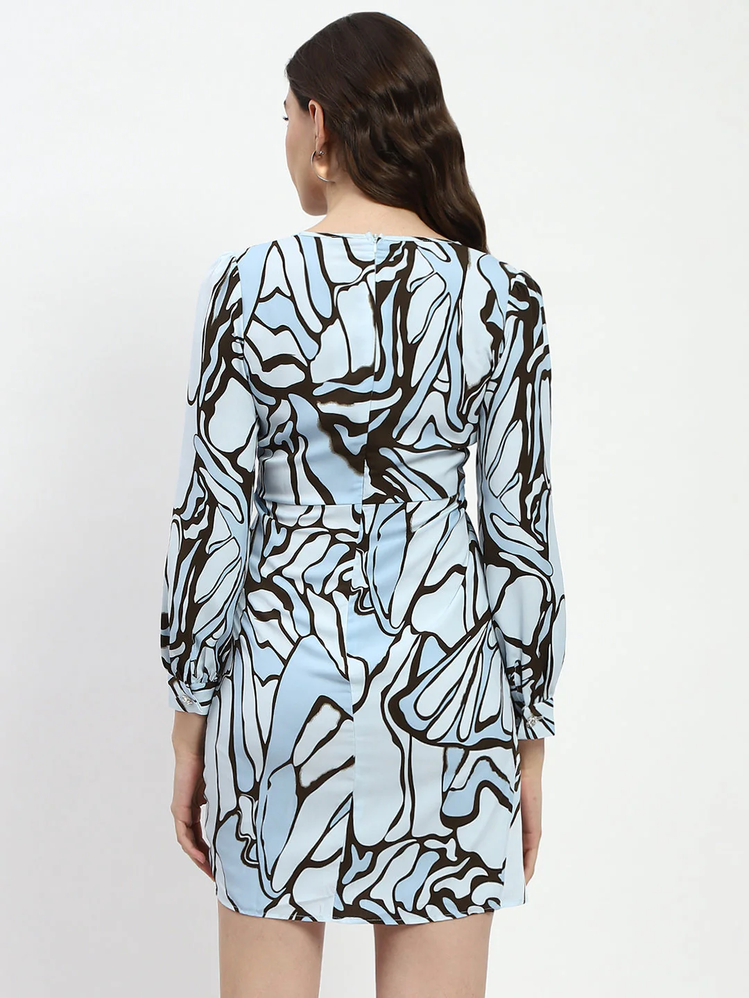 Madame Butterfly Print Wrap Style Surplice Neck Sky Blue Mini Dress - Image 5