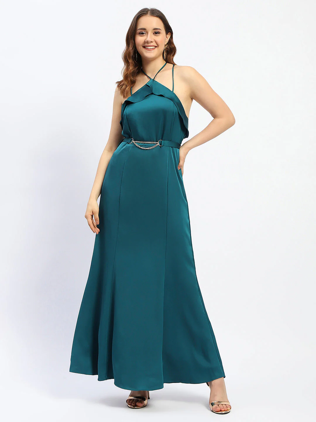 Madame Halter Neck Metal Accented Belt Teal Maxi Dress - Image 3