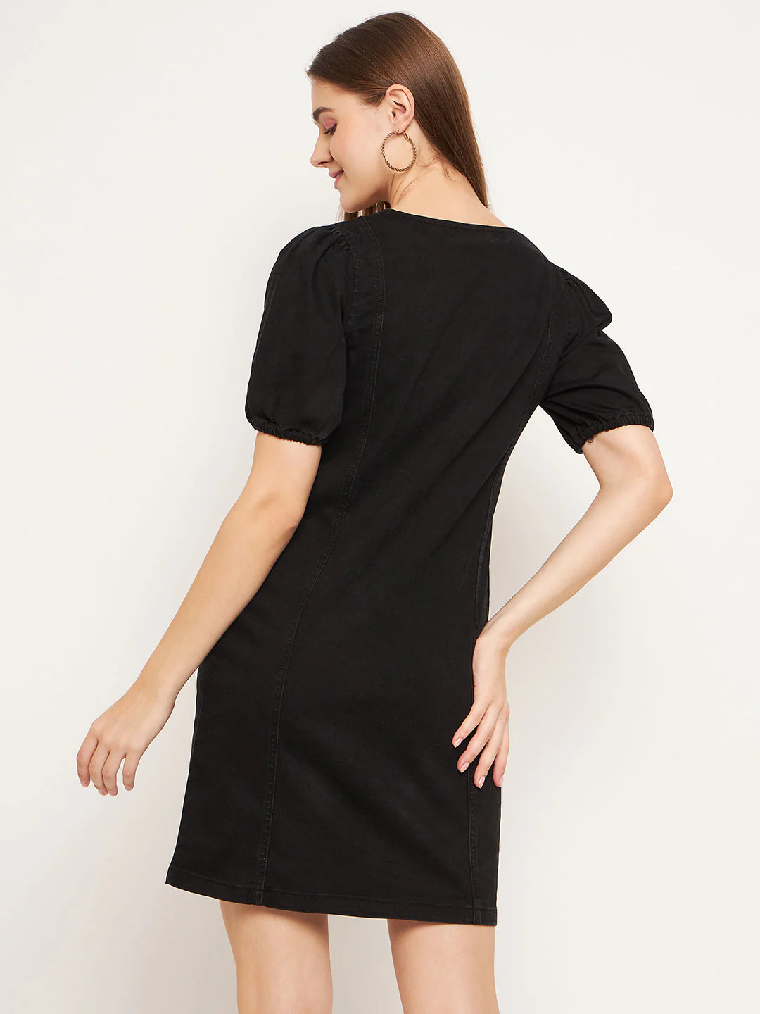 Madame Button Down Solid Black Mini Denim Dress - Image 3