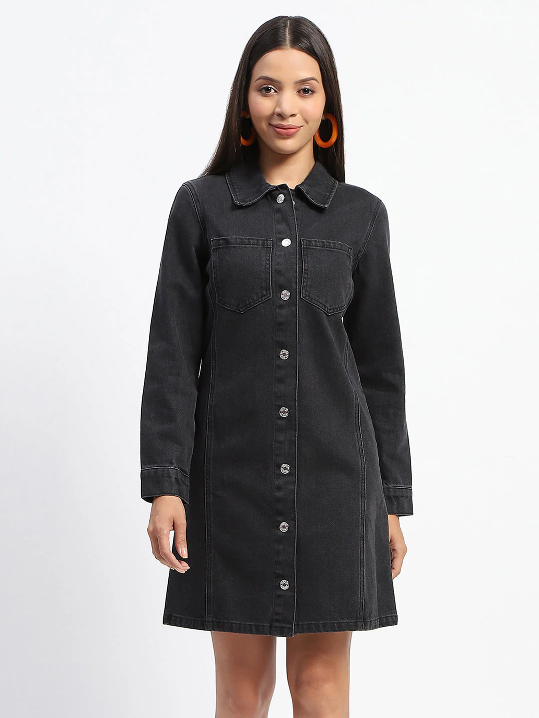 Madame Collared Jacket Style Black Denim Dress - Image 3