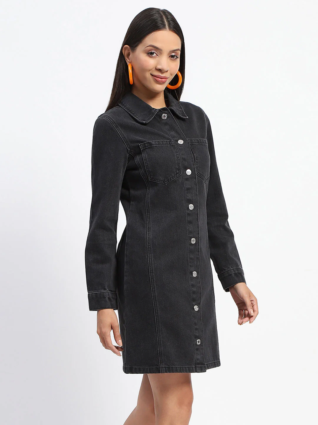 Madame Collared Jacket Style Black Denim Dress - Image 4