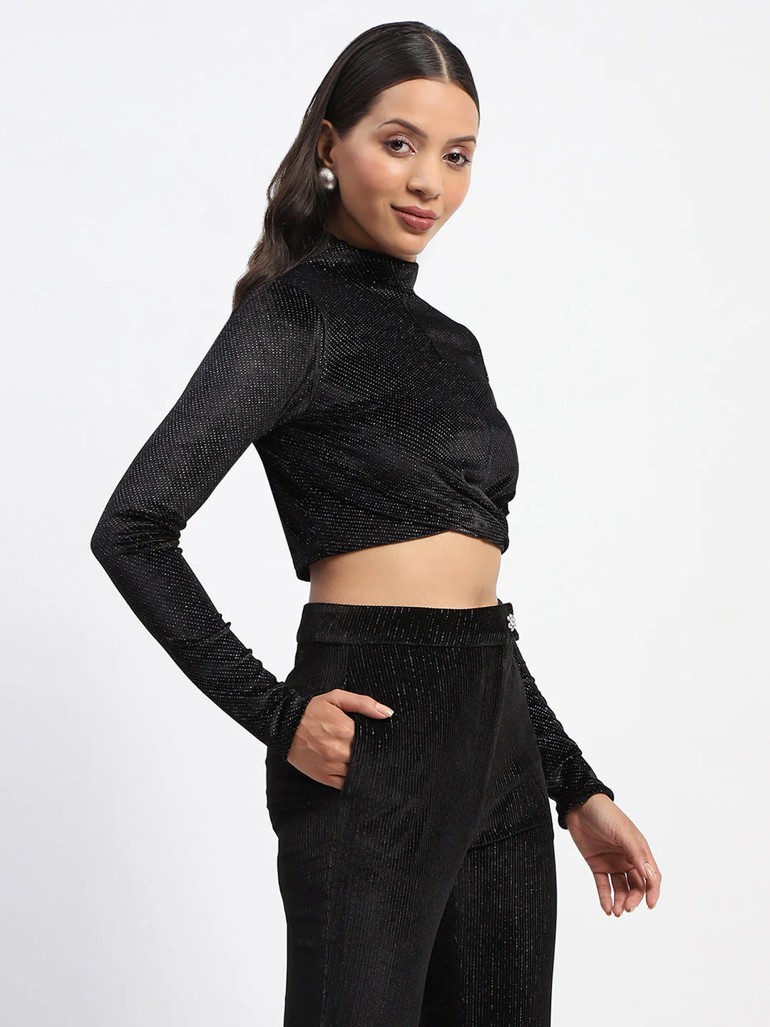Madame Shimmery Wrap Black High Neck Crop Top - Image 3