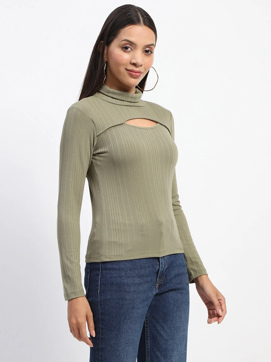 Madame Chest Cutout Green Ribbed Hi Neck Top - Image 3