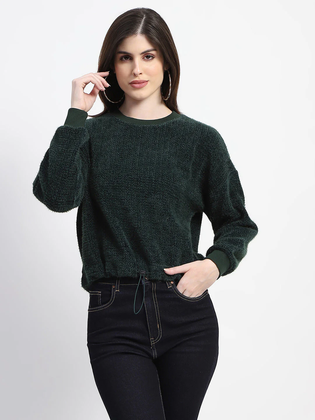 Madame Elastic Pull Drawstring Bottle Green Sweater - Image 3