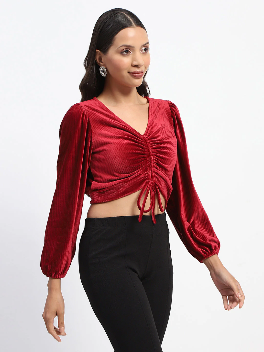 Madame Ruched V Neck Puff Sleeve Velvet Crop Top - Image 3