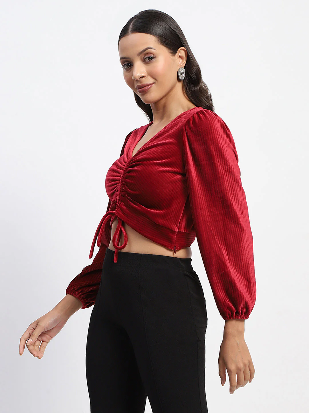 Madame Ruched V Neck Puff Sleeve Velvet Crop Top - Image 4