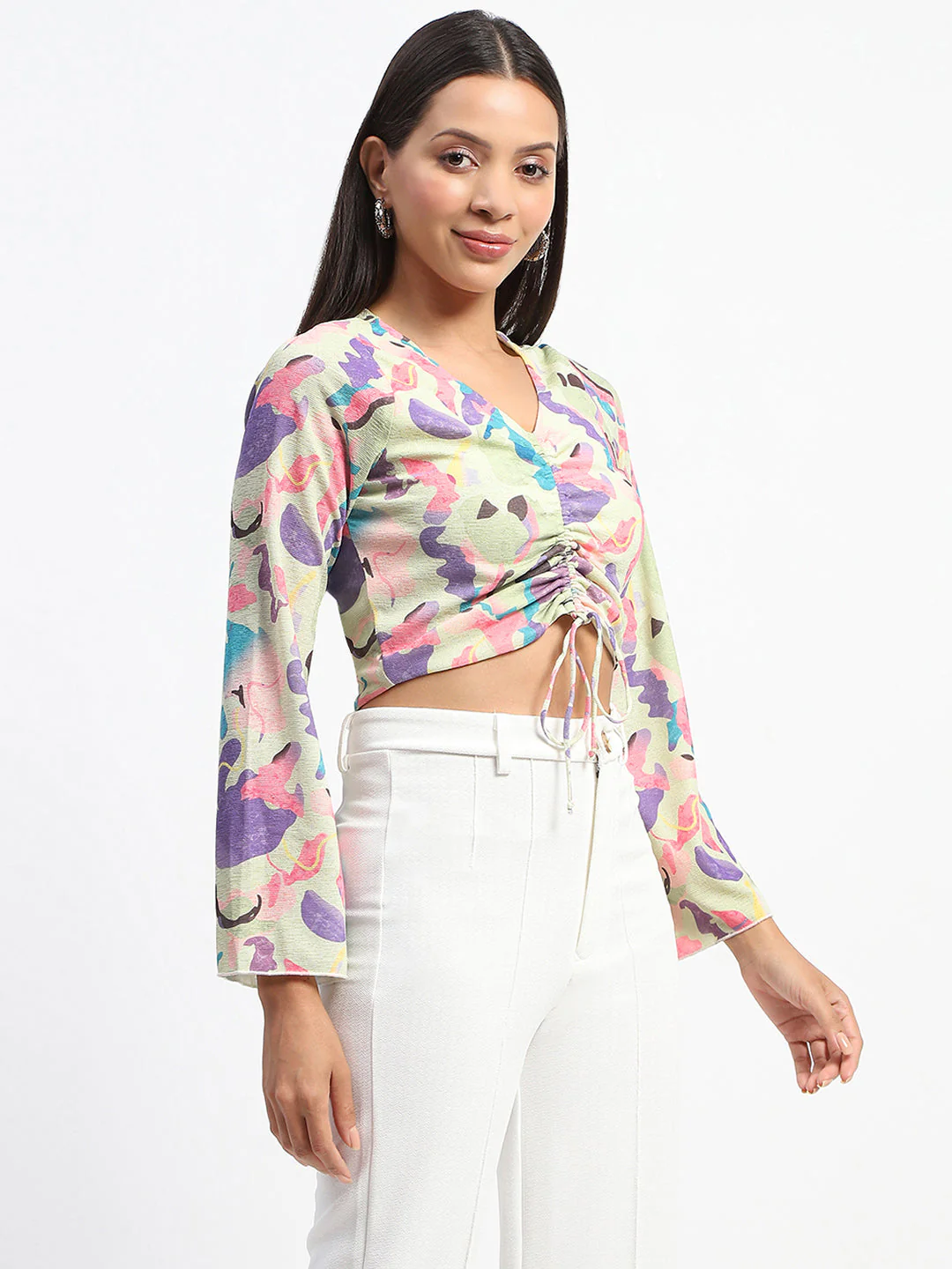 Madame Ruched Abstract Print Bell Sleeves Lilac Crop Top - Image 3