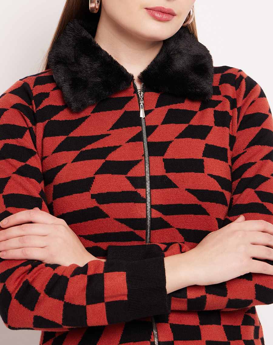 Madame Faux Fur Collar And Cuffs Geometric Print Rust Red Cardigan - Image 3
