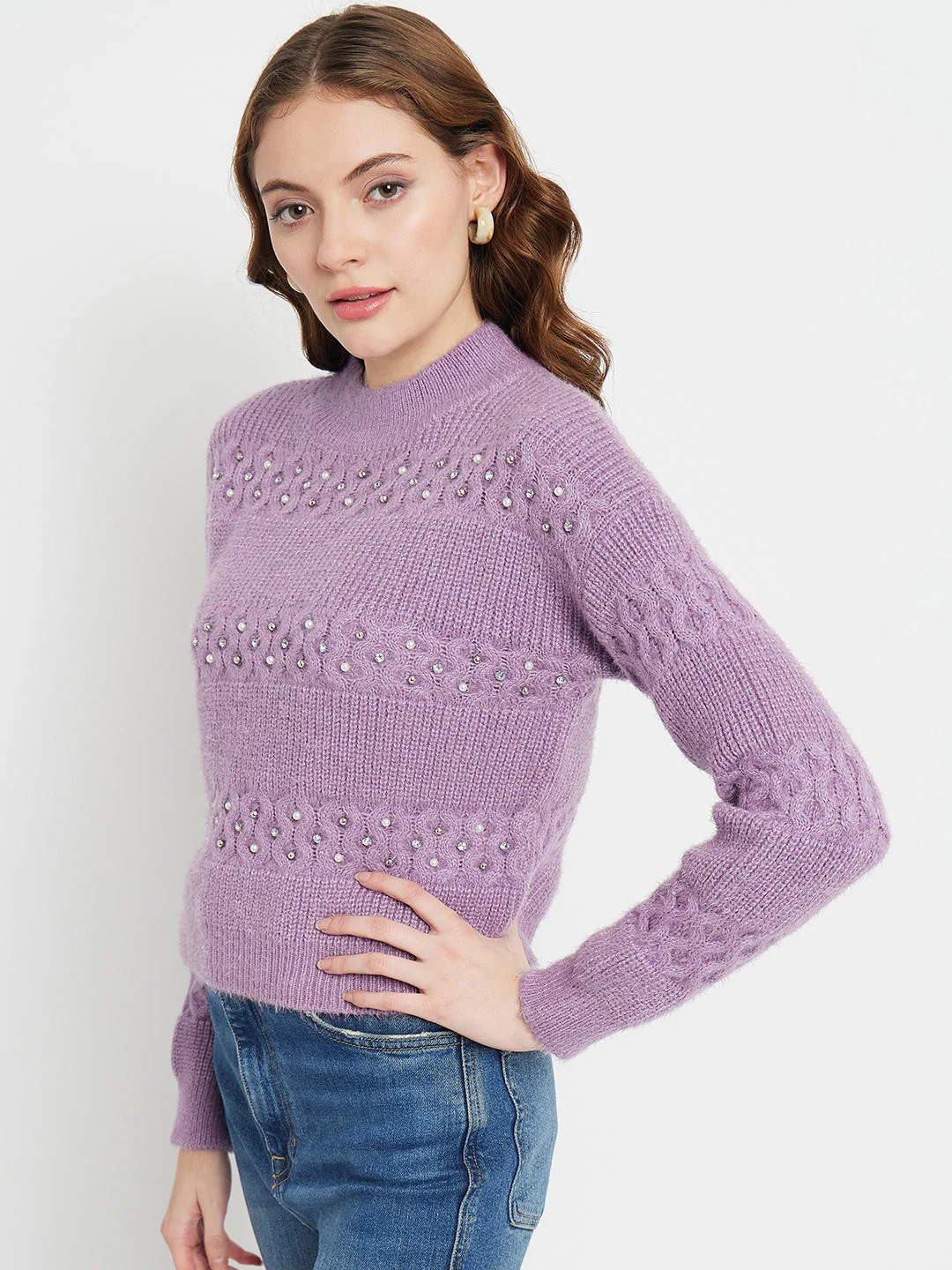 Madame Cable Knit Embellished Lilac Sweater - Image 5