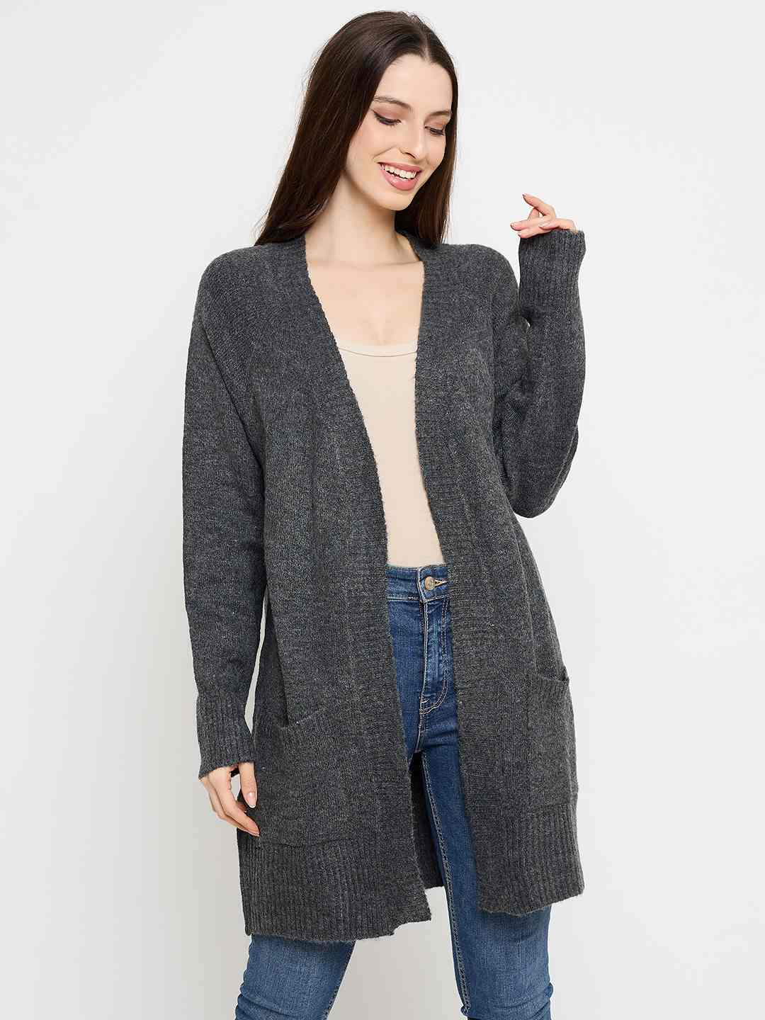 Madame Acrylic Dark Grey Long Open Shrug - Image 3