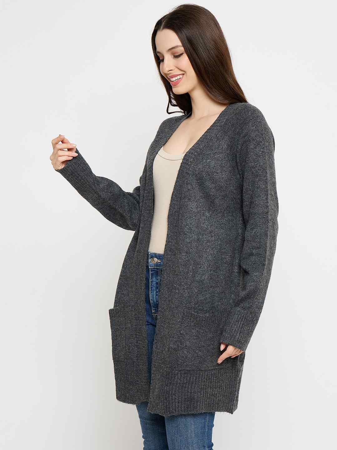 Madame Acrylic Dark Grey Long Open Shrug - Image 5