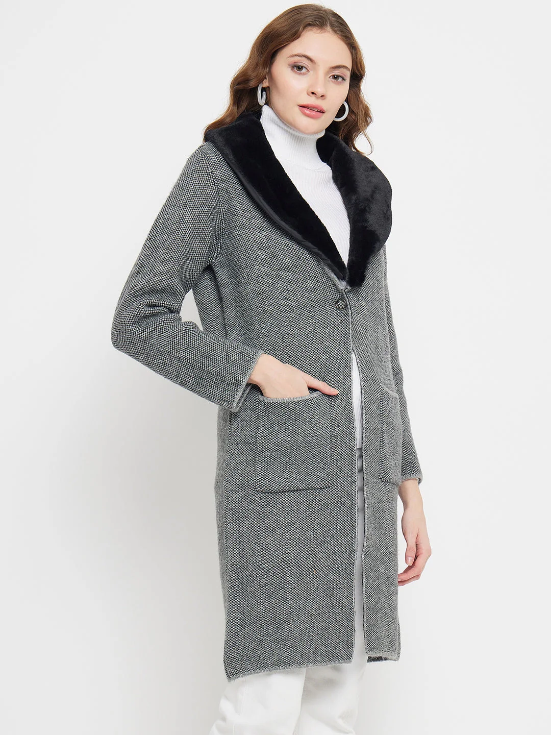 Madame Fleece Collar Grey Longline Shrug - Image 4