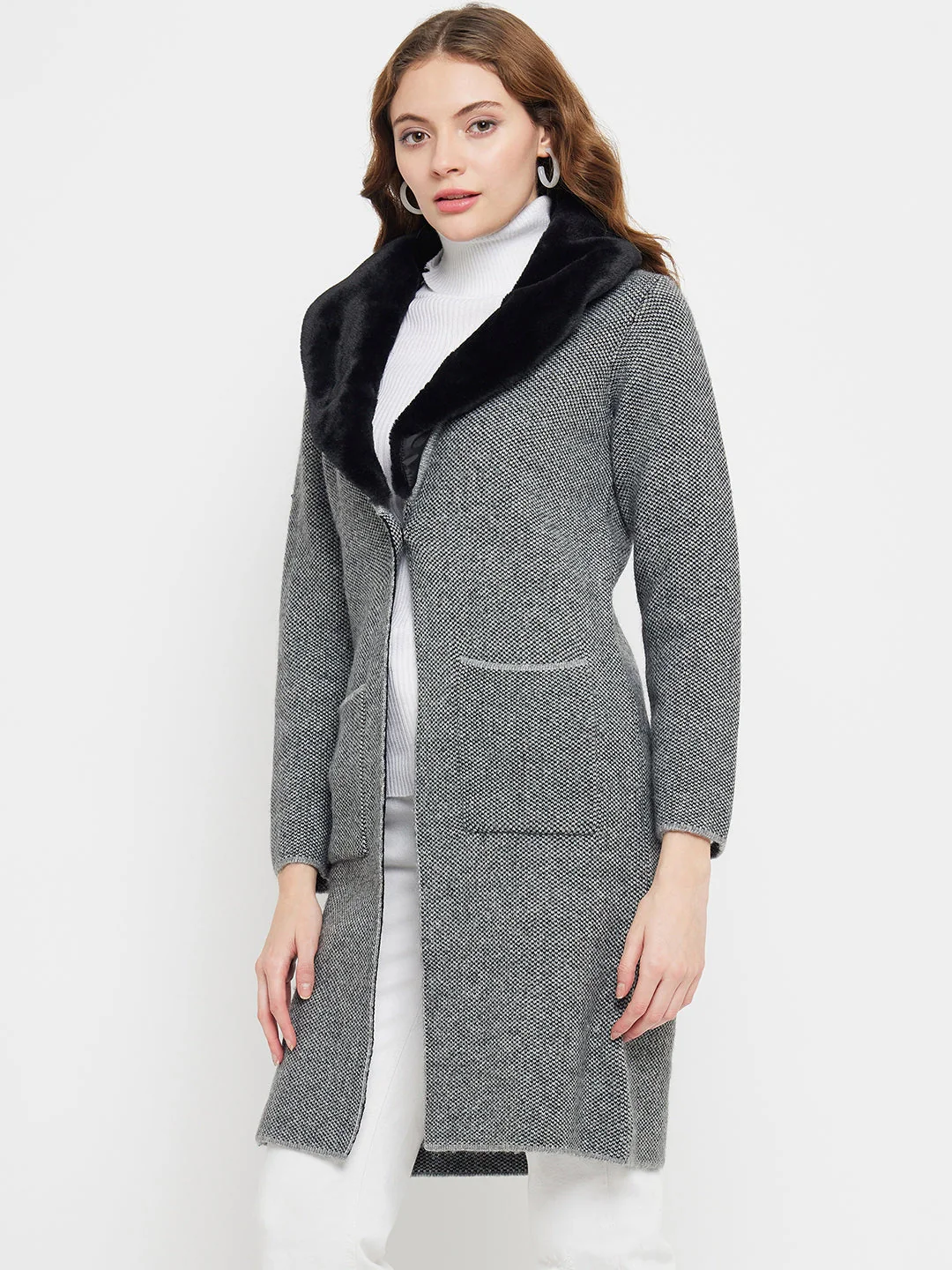 Madame Fleece Collar Grey Longline Shrug - Image 5