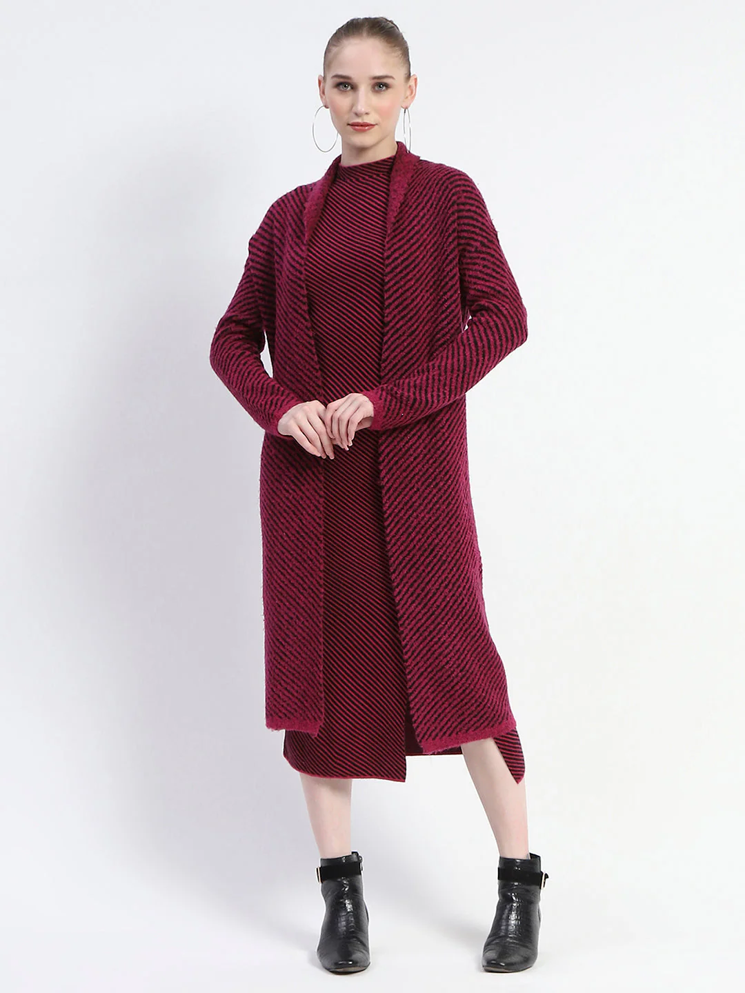 Madame Diagonal Stripe Magenta Shrug And Midi Dress Co-Ord Set - Image 3