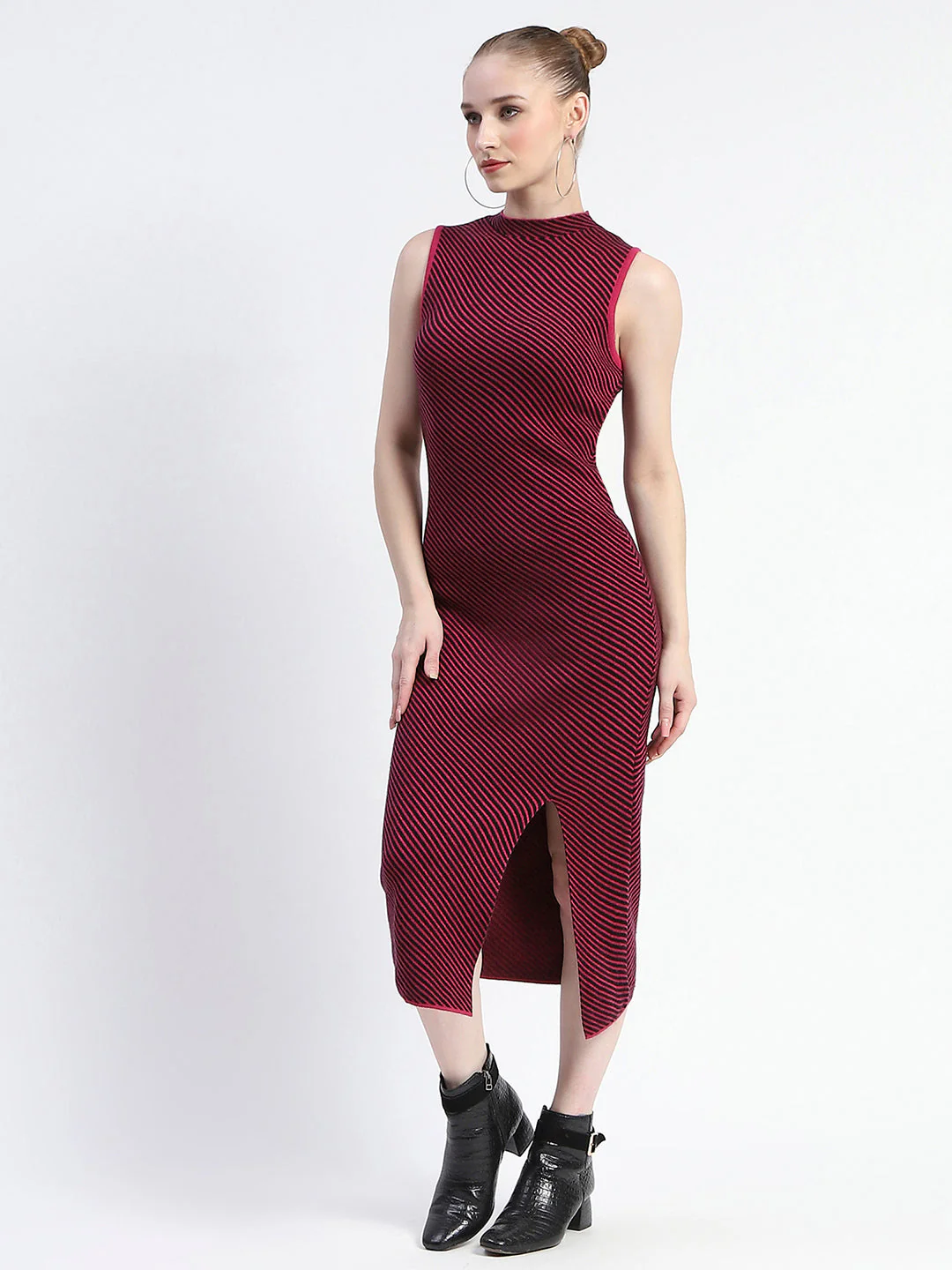 Madame Diagonal Stripe Magenta Shrug And Midi Dress Co-Ord Set - Image 6