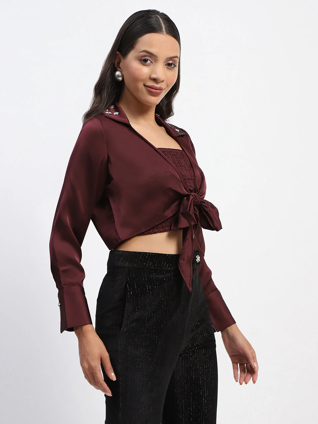 Madame Embellished Collar Front Knot Two Piece Maroon Crop Shirt - Image 4