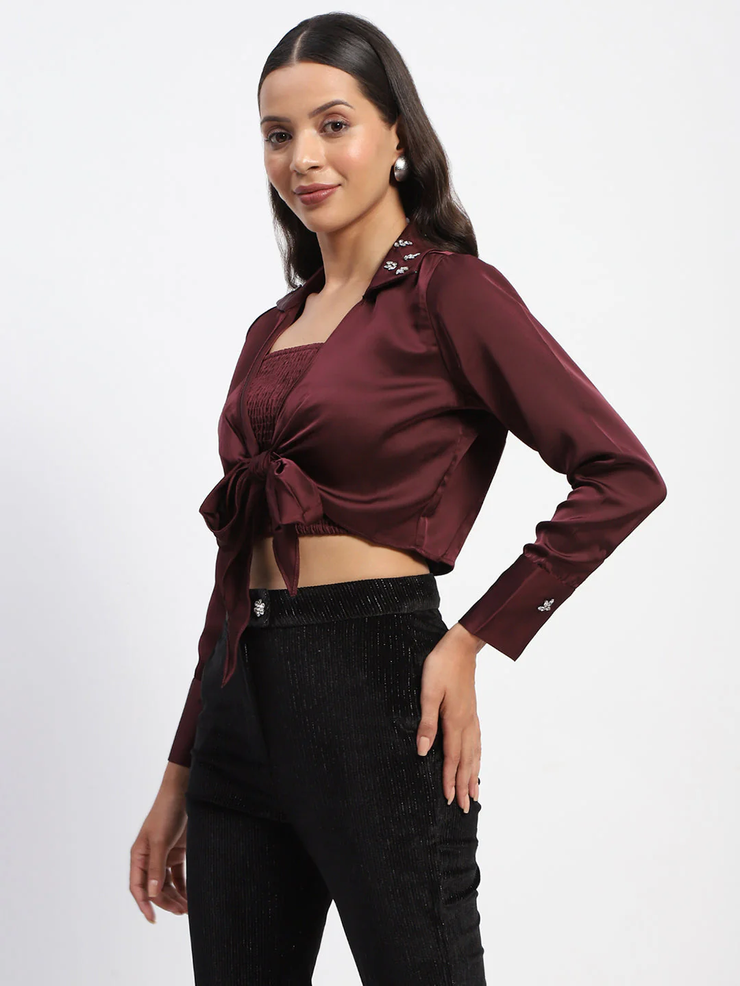 Madame Embellished Collar Front Knot Two Piece Maroon Crop Shirt - Image 5