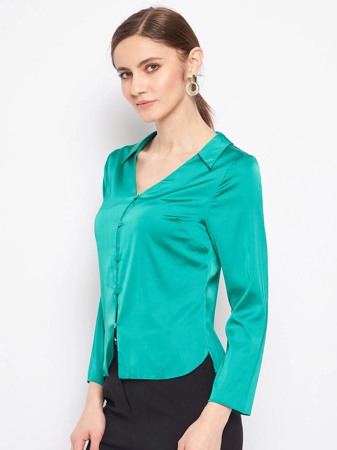 Madame V-Neck Solid Green Satin Shirt - Image 3