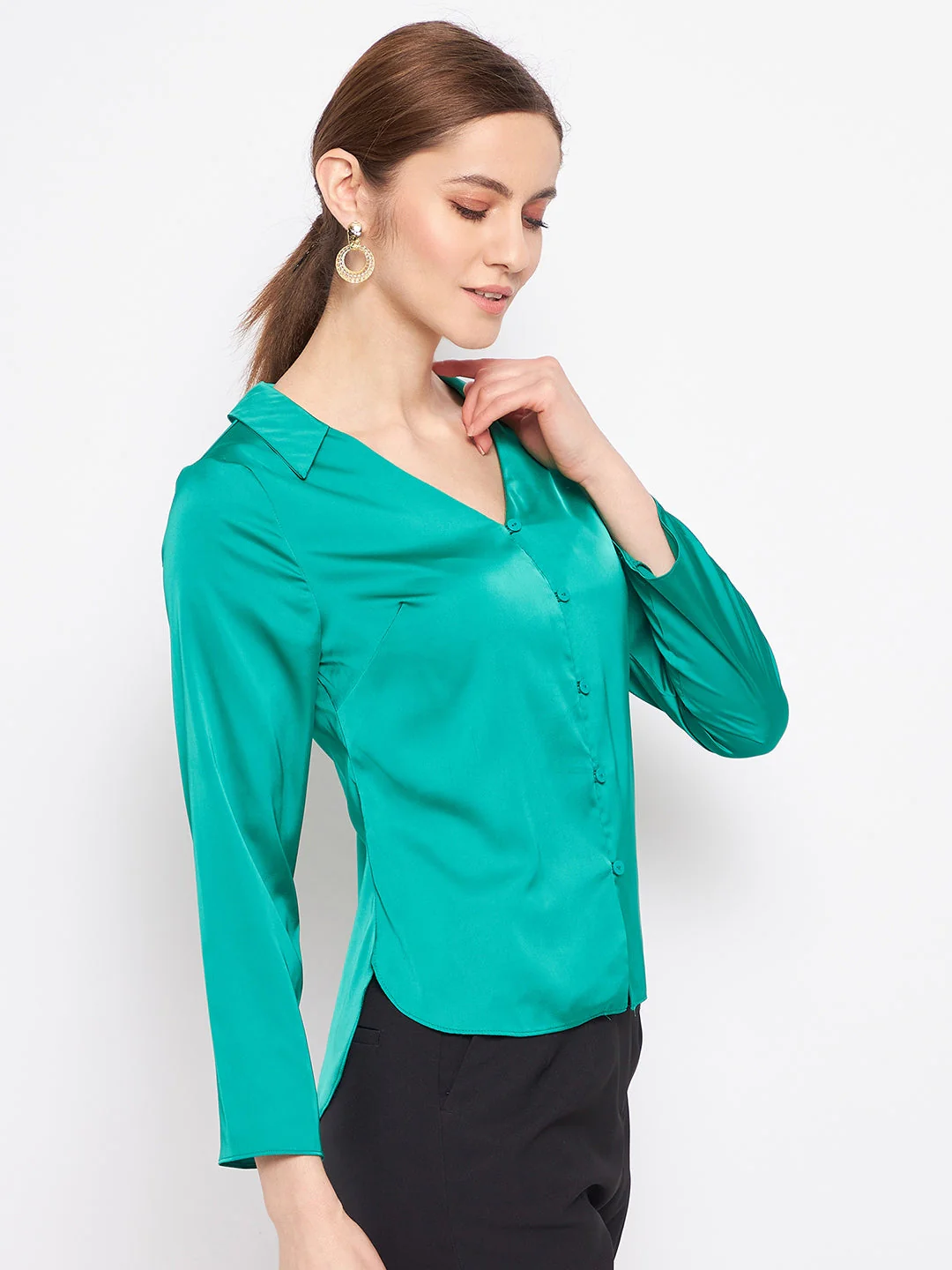 Madame V-Neck Solid Green Satin Shirt - Image 4