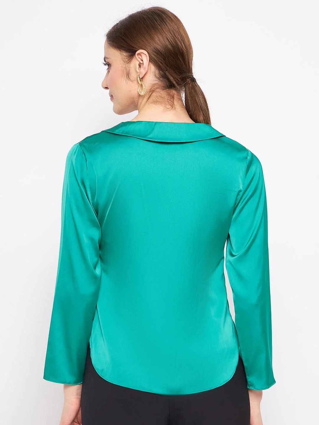 Madame V-Neck Solid Green Satin Shirt - Image 5
