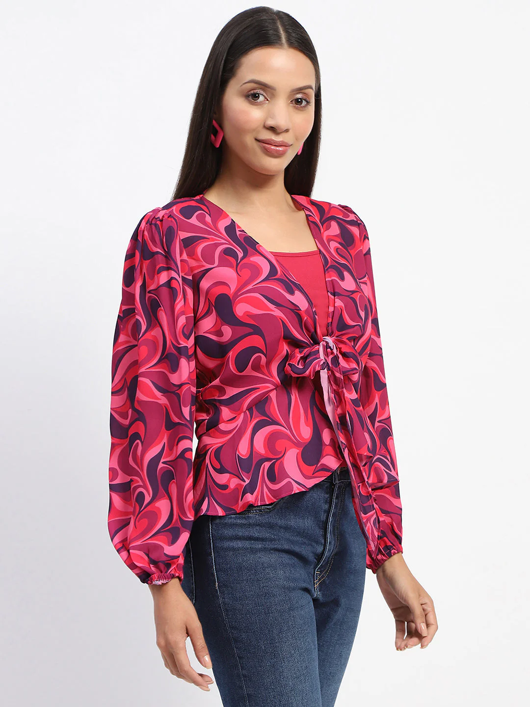 Madame Abstract Print Tie Front Pink Top - Image 3