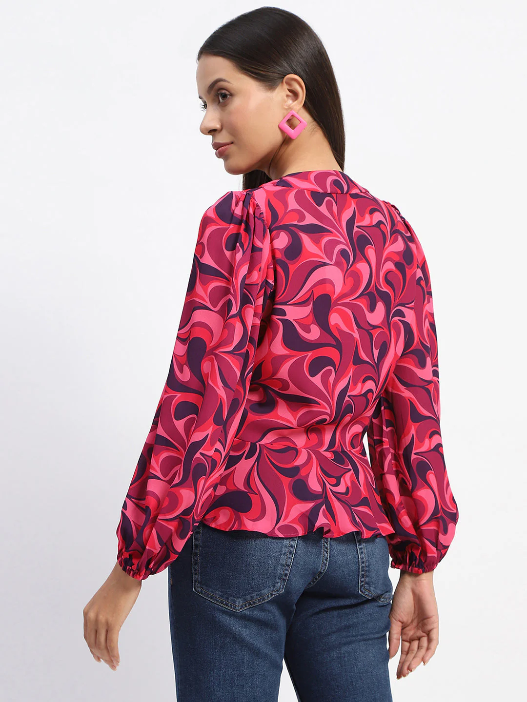 Madame Abstract Print Tie Front Pink Top - Image 5