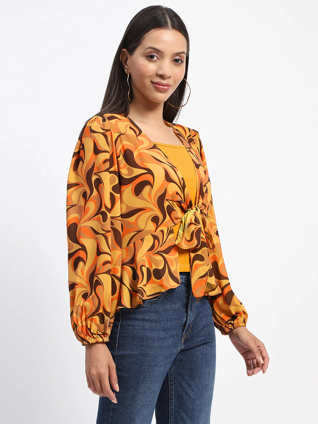 Madame Abstract Print Tie Front Yellow Top - Image 3
