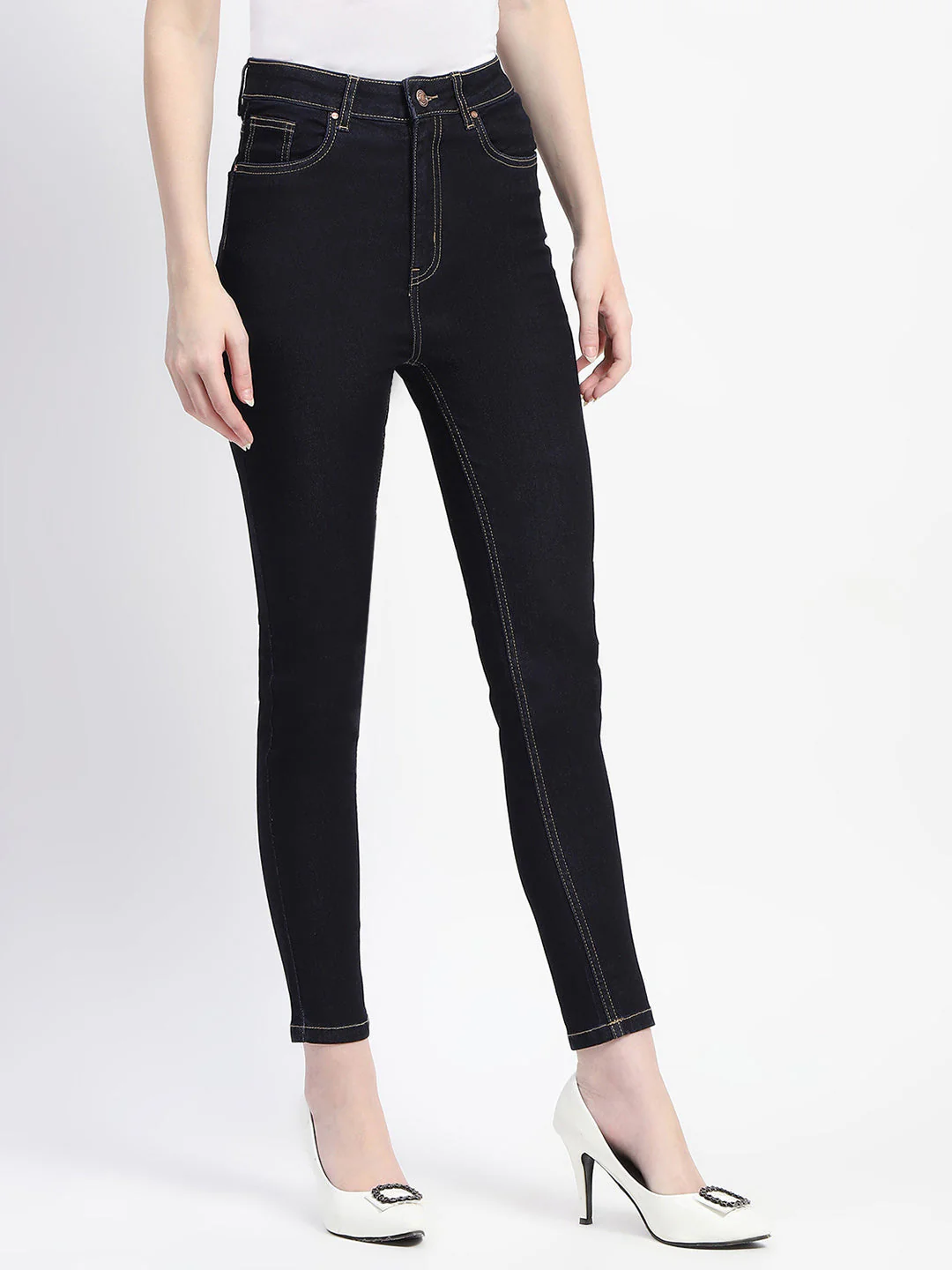 Madame Solid Dark Blue Skinny Fit Cotton Denim - Image 3