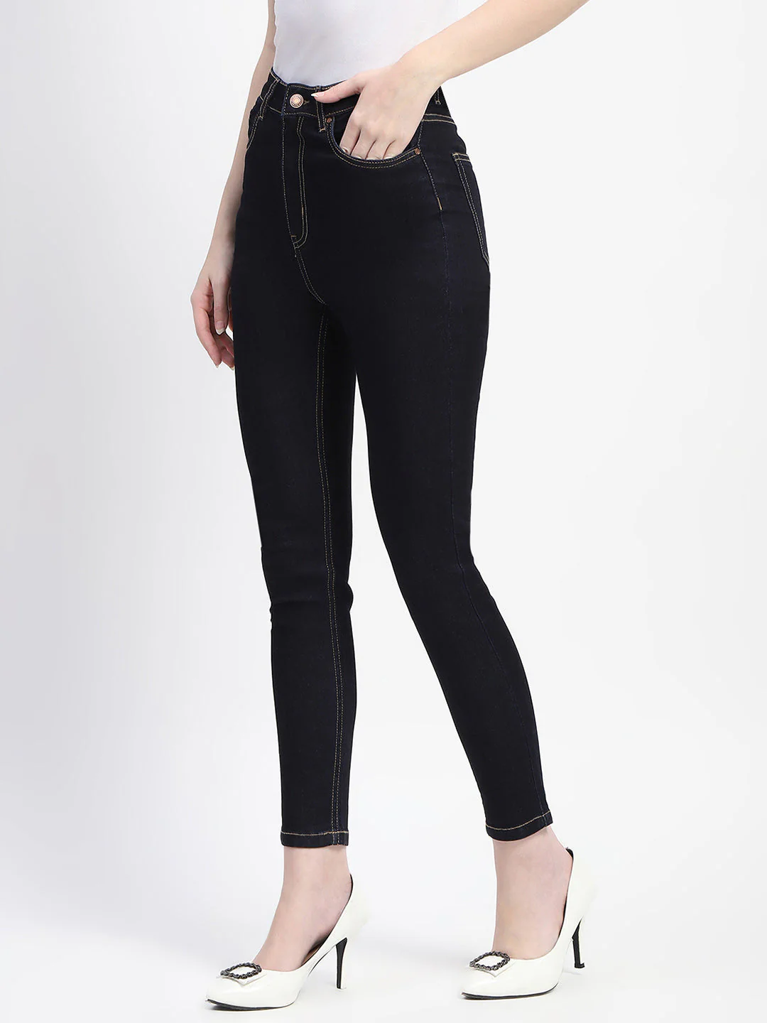 Madame Solid Dark Blue Skinny Fit Cotton Denim - Image 4