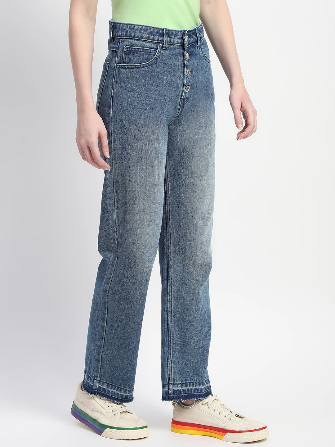 Madame Four Buttoned Stone Wash High Waisted Blue Denim - Image 3