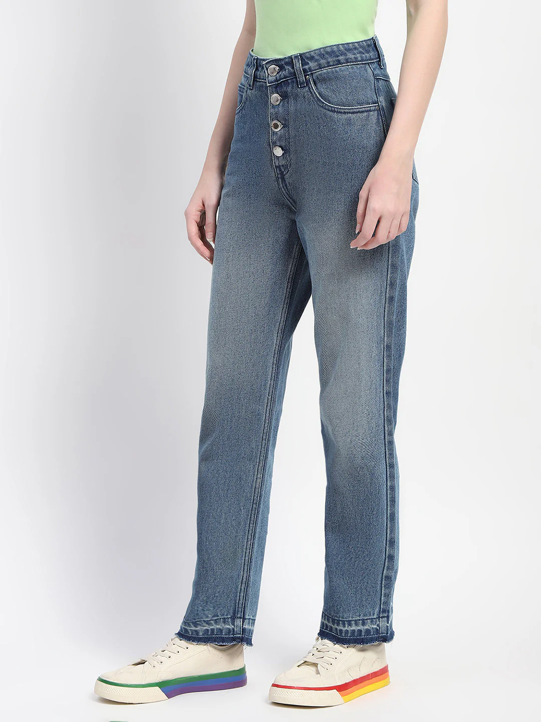Madame Four Buttoned Stone Wash High Waisted Blue Denim - Image 4