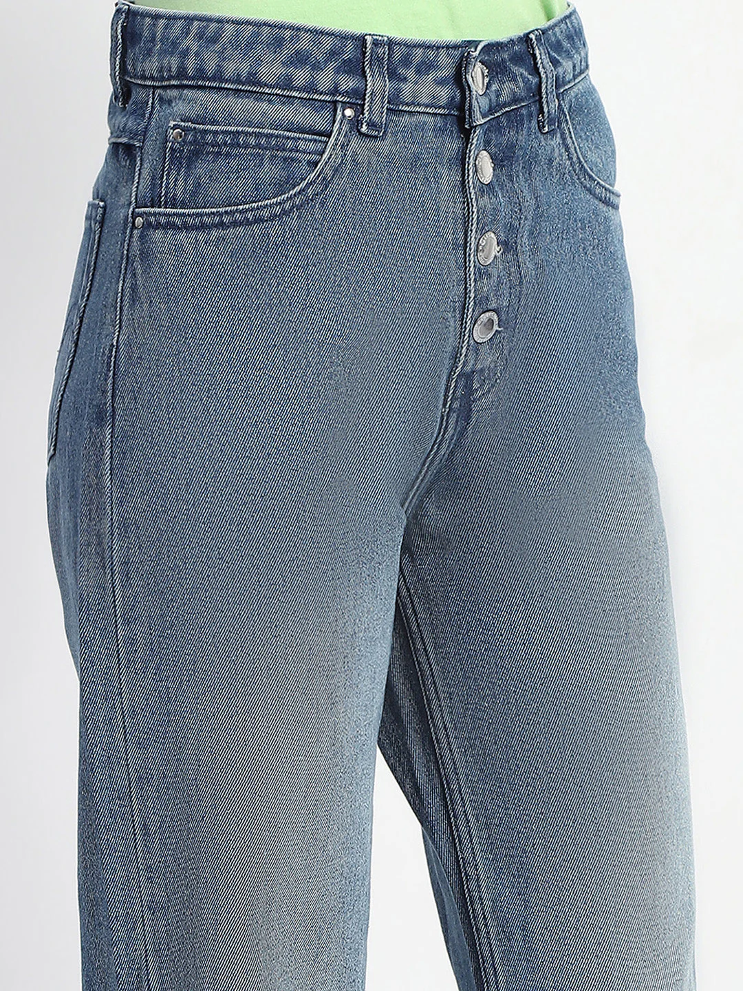Madame Four Buttoned Stone Wash High Waisted Blue Denim - Image 6