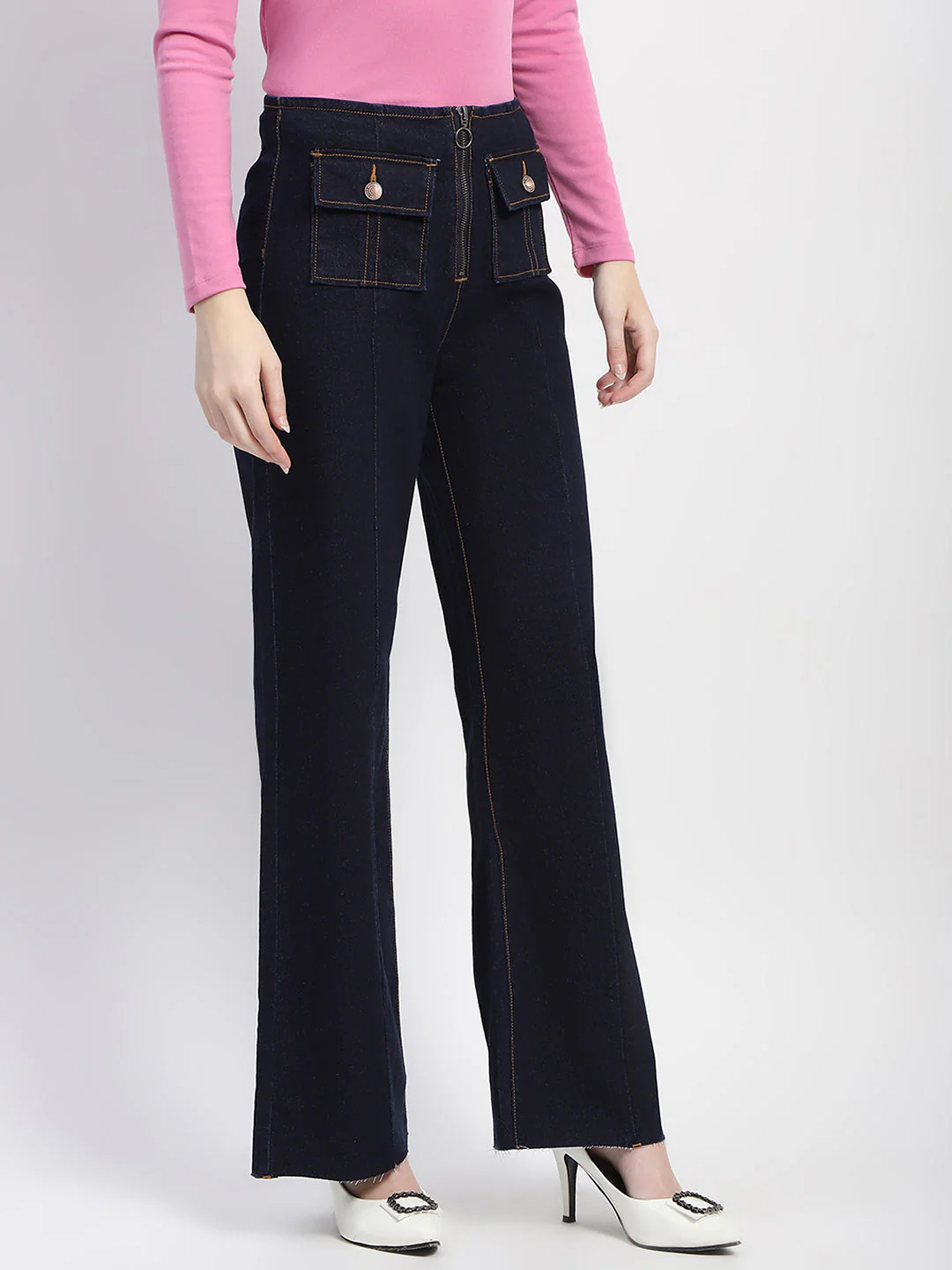 Madame Zipped Flap Patch Flared Carbon Blue Denim - Image 3