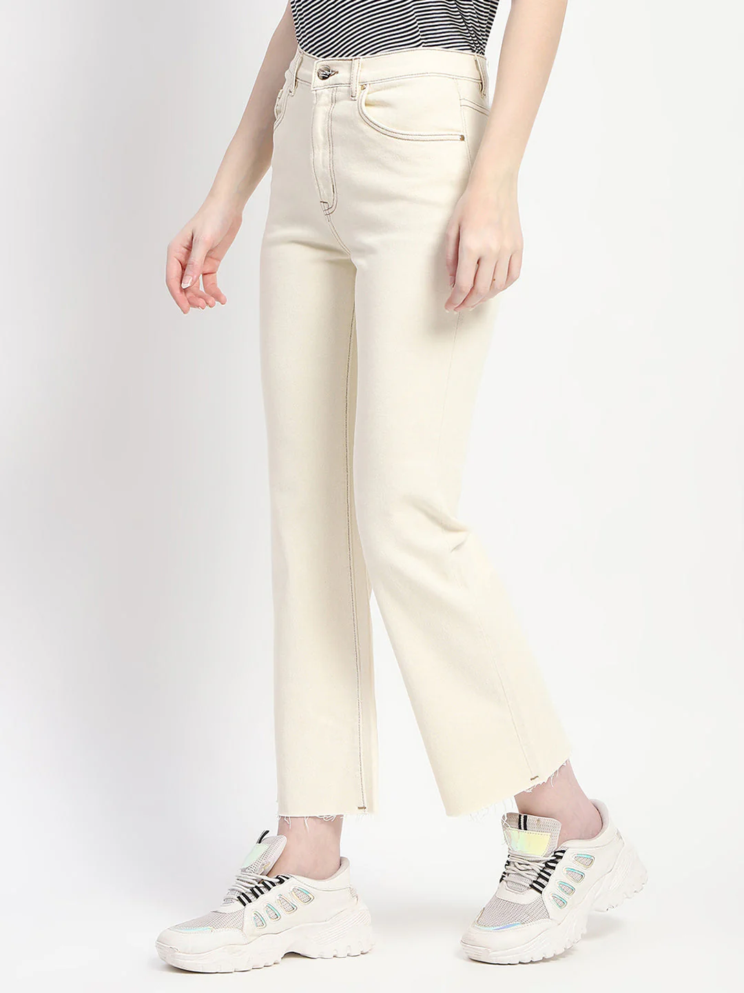 Madame Off-White Distressed Hem Flared Denim - Image 4